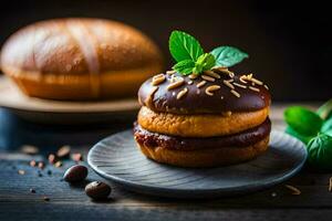 a chocolate donut with mint leaves on top. AI-Generated photo