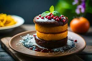 a stack of pancakes on a wooden plate. AI-Generated photo