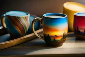 three colorful coffee mugs with a sunset scene on them. AI-Generated photo