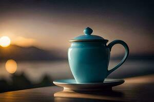 a blue coffee pot sits on a table with a view of the sunset. AI-Generated photo