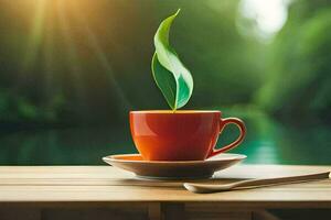 un taza de café con un verde hoja en el platillo. generado por ai foto