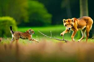 un Tigre y un perro jugando en el césped. generado por ai foto