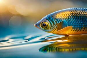 un pescado es flotante en el agua con un brillante azul antecedentes. generado por ai foto