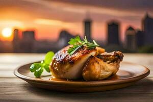 chicken breast on a plate with a city skyline in the background. AI-Generated photo