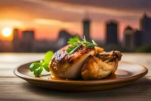 pollo pecho en un plato con un ciudad horizonte en el antecedentes. generado por ai foto