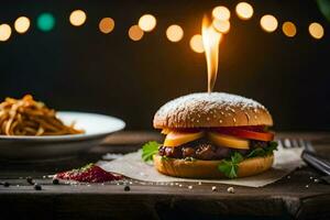 un hamburguesa con un vela en parte superior y un plato de pasta. generado por ai foto