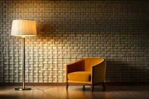 an orange chair and lamp in front of a brick wall. AI-Generated photo