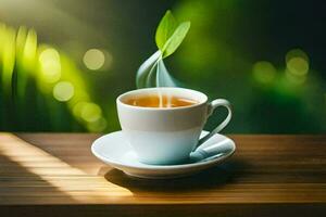 a cup of tea with a leaf. AI-Generated photo