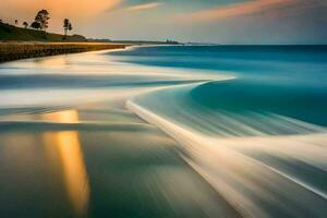 a long exposure photograph of waves crashing on the beach. AI-Generated photo