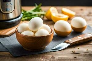 a bowl of eggs next to an instant pot. AI-Generated photo