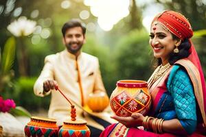 a couple in traditional indian attire is holding colorful pots. AI-Generated photo