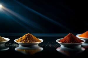 spices in bowls on a black background. AI-Generated photo