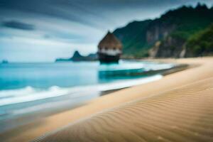 a beach with sand dunes and a house on the shore. AI-Generated photo