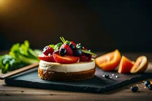 a cheesecake with berries and vegetables on a black slate. AI-Generated photo
