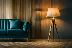 a blue couch and lamp in a room with a wooden wall. AI-Generated photo