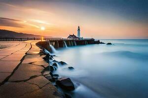 a lighthouse at sunset with a long exposure. AI-Generated photo