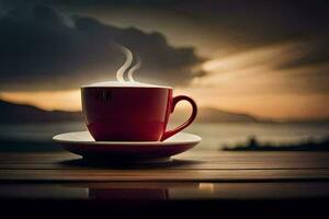 a cup of coffee on a wooden table with a sunset in the background. AI-Generated photo