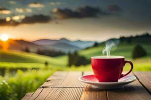 coffee cup on the table in the mountains. AI-Generated photo