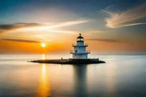 un faro soportes en un pequeño isla en el océano. generado por ai foto