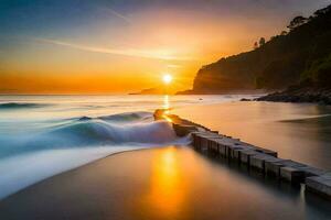 a long exposure photograph of the sun setting over the ocean. AI-Generated photo
