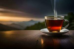 un taza de té en un mesa en el montañas. generado por ai foto