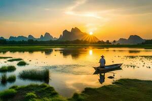 un hombre en un barco en un río a puesta de sol. generado por ai foto