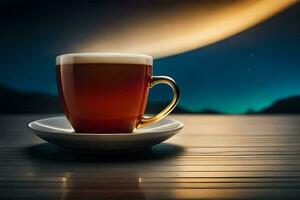 a cup of coffee on a table with a moon in the background. AI-Generated photo