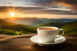 a cup of tea on a wooden table in front of a beautiful mountain view. AI-Generated photo