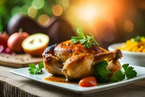 a chicken is served on a plate with vegetables and a bowl of rice. AI-Generated photo