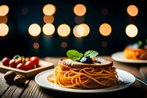 spaghetti with tomato sauce and basil leaves on a plate. AI-Generated photo