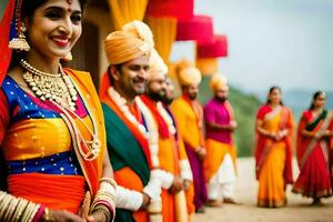 a bride and groom in traditional indian attire. AI-Generated photo