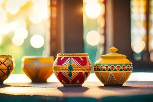 three colorful vases are lined up on a table. AI-Generated photo