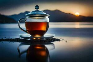 un taza de té en el playa. generado por ai foto