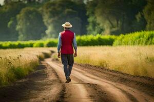 a man in a straw hat walking down a dirt road. AI-Generated photo