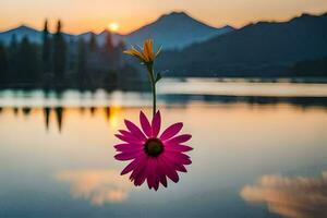 a flower floating in the water with mountains in the background. AI-Generated photo