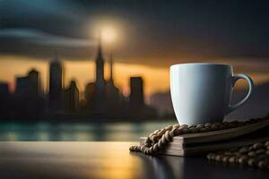 café taza y libros en el mesa con ciudad en el antecedentes. generado por ai foto