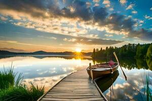 a wooden dock with a boat on it at sunset. AI-Generated photo