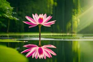 a pink lotus flower is reflected in the water. AI-Generated photo