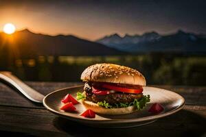 a hamburger on a plate with mountains in the background. AI-Generated photo