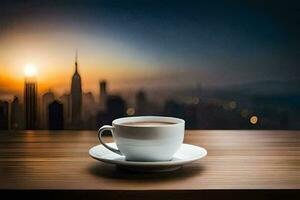 coffee cup on the table with cityscape in the background. AI-Generated photo