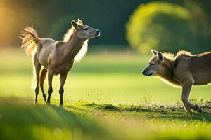 two horses are standing in the grass. AI-Generated photo