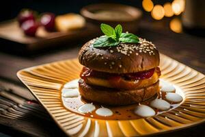 a hamburger with sauce and cheese on a plate. AI-Generated photo