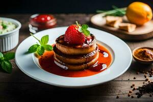 a plate of food with strawberries and sauce. AI-Generated photo