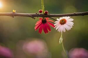 two flowers are hanging from a branch. AI-Generated photo