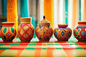 colorful vases on a table with colorful cloth. AI-Generated photo