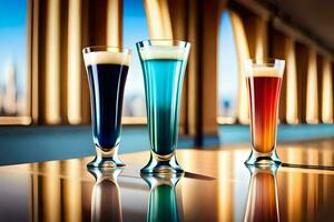 three glasses of beer are lined up on a table. AI-Generated photo