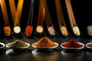 spices in bowls on a black background. AI-Generated photo