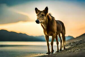 a brown horse standing on the shore of a lake. AI-Generated photo