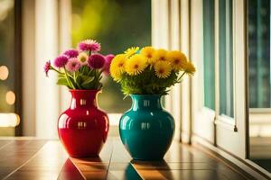 two colorful vases with flowers sitting on a table. AI-Generated photo