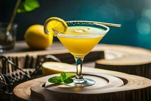 a cocktail with lemon and mint on a wooden table. AI-Generated photo
